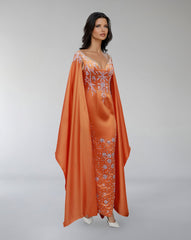 Embroidered Satin Gown with Flowing Cape – ODD- SOLIRA