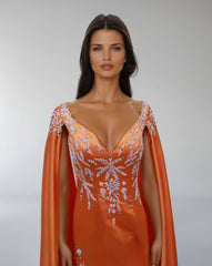 Embroidered Satin Gown with Flowing Cape – ODD- SOLIRA
