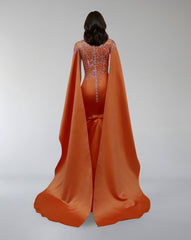 Embroidered Satin Gown with Flowing Cape – ODD- SOLIRA
