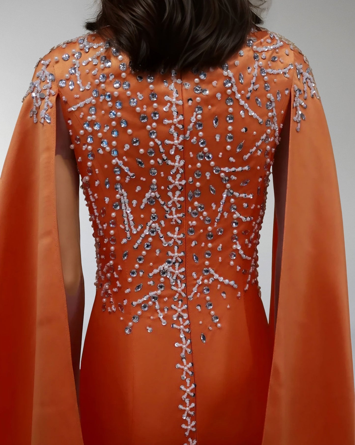 Embroidered Satin Gown with Flowing Cape – ODD- SOLIRA