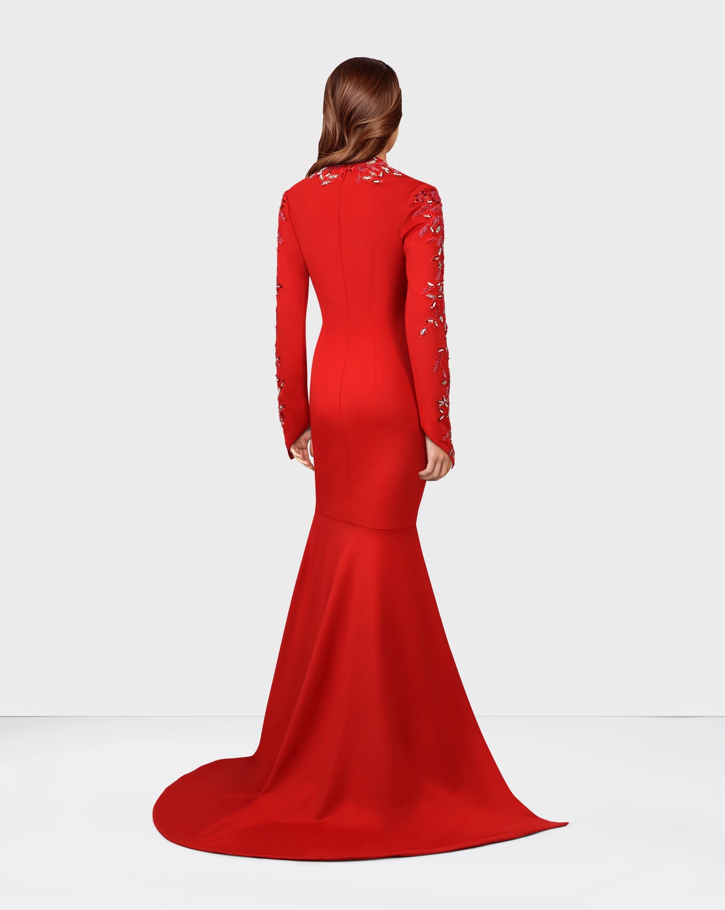 ODD-Beaded long-sleeve dress, with side slits and train-Pascoe