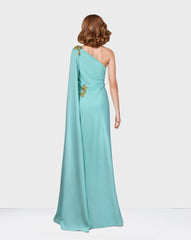 فستان أزرق مكشوف الكتفين مع أكمام كيب -ODD-Jelonas