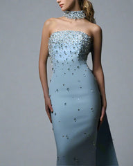 Light blue crepe dress with full embroidered - ODD- Carolina