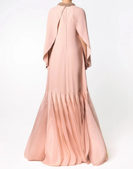 Long Sleeve A-Line Gown with Pleated Chiffon Hem and Embellished Neckline - ODD- ROSA