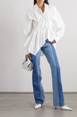 long-sleeve button-down shirt with ruched waist and flared hem – ODD- CLEO