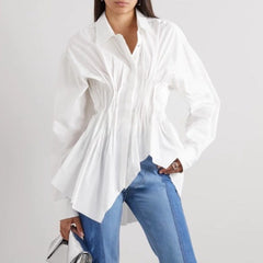 long-sleeve button-down shirt with ruched waist and flared hem – ODD- CLEO