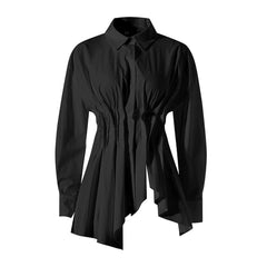 long-sleeve button-down shirt with ruched waist and flared hem – ODD- CLEO