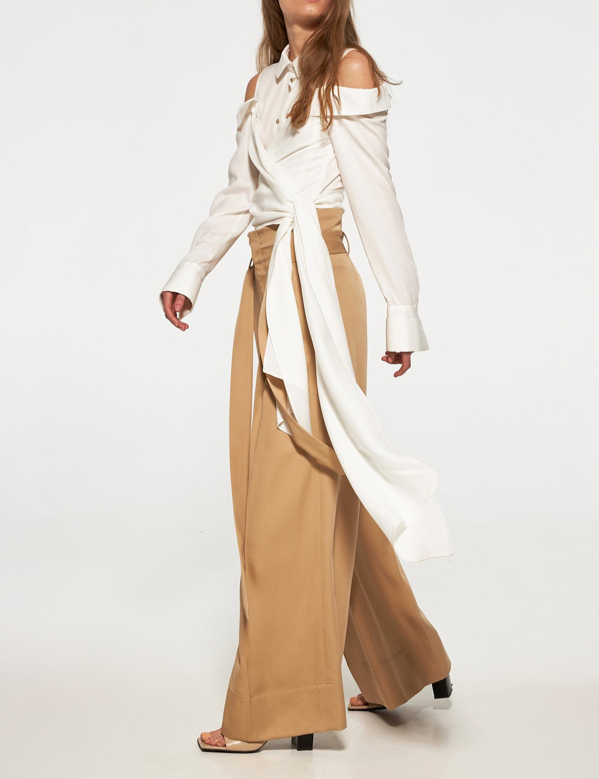 Off-Shoulder Buttoned Shirt with Waist Tie - ODD- Burti