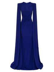 square-neck gown with ruched waist and floor-length cape – ODD- Thuraya