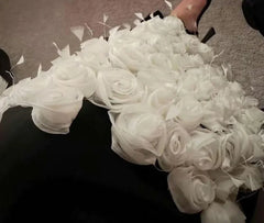 Long sleeved dress with asymmetrical shoulder and 3D flowers - ODD-Lonim