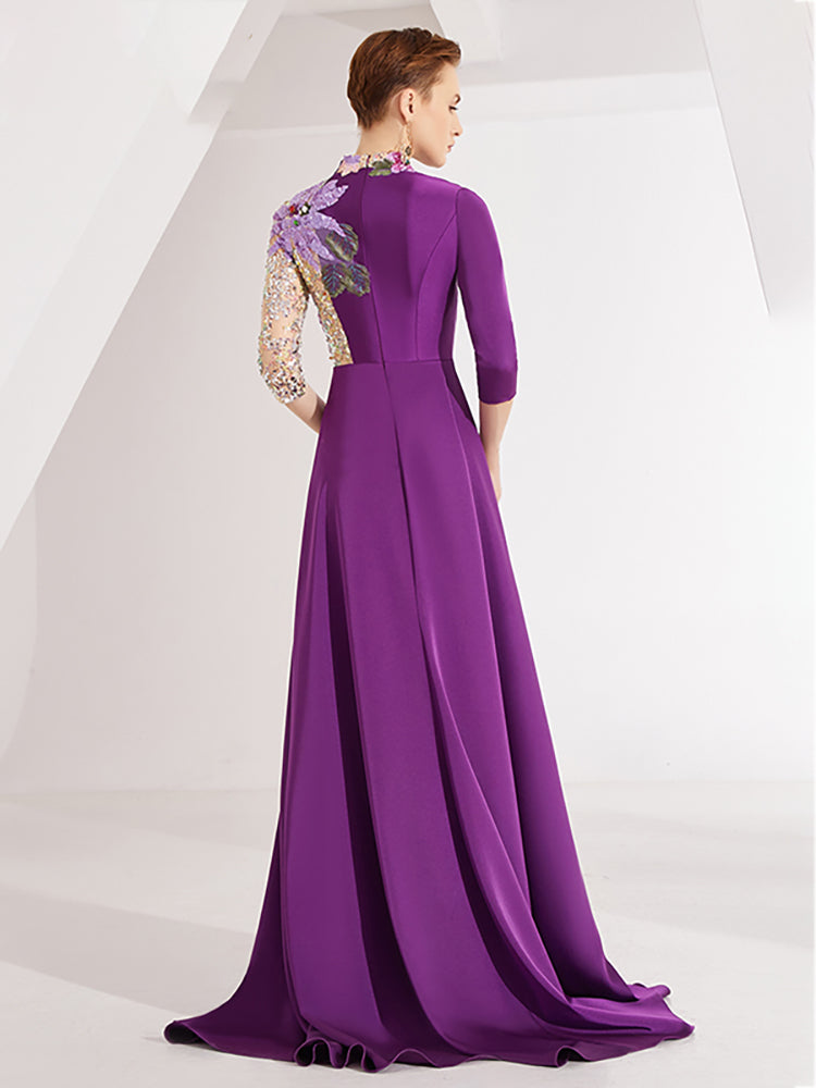 embroidered evening gown with sequin illusion sleeve – ODD- Thumri