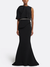 sleeveless trumpet gown with draped overlay and crystal waist – ODD- LUXE