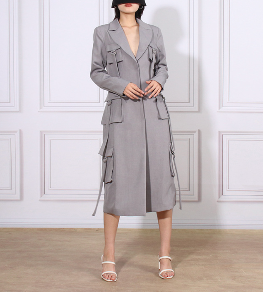 tailored long utility blazer dress with strap details – ODD- GRAYSON