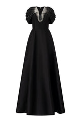 Cap-sleeve A-line dress with embellished neckline - ODD- NOIR