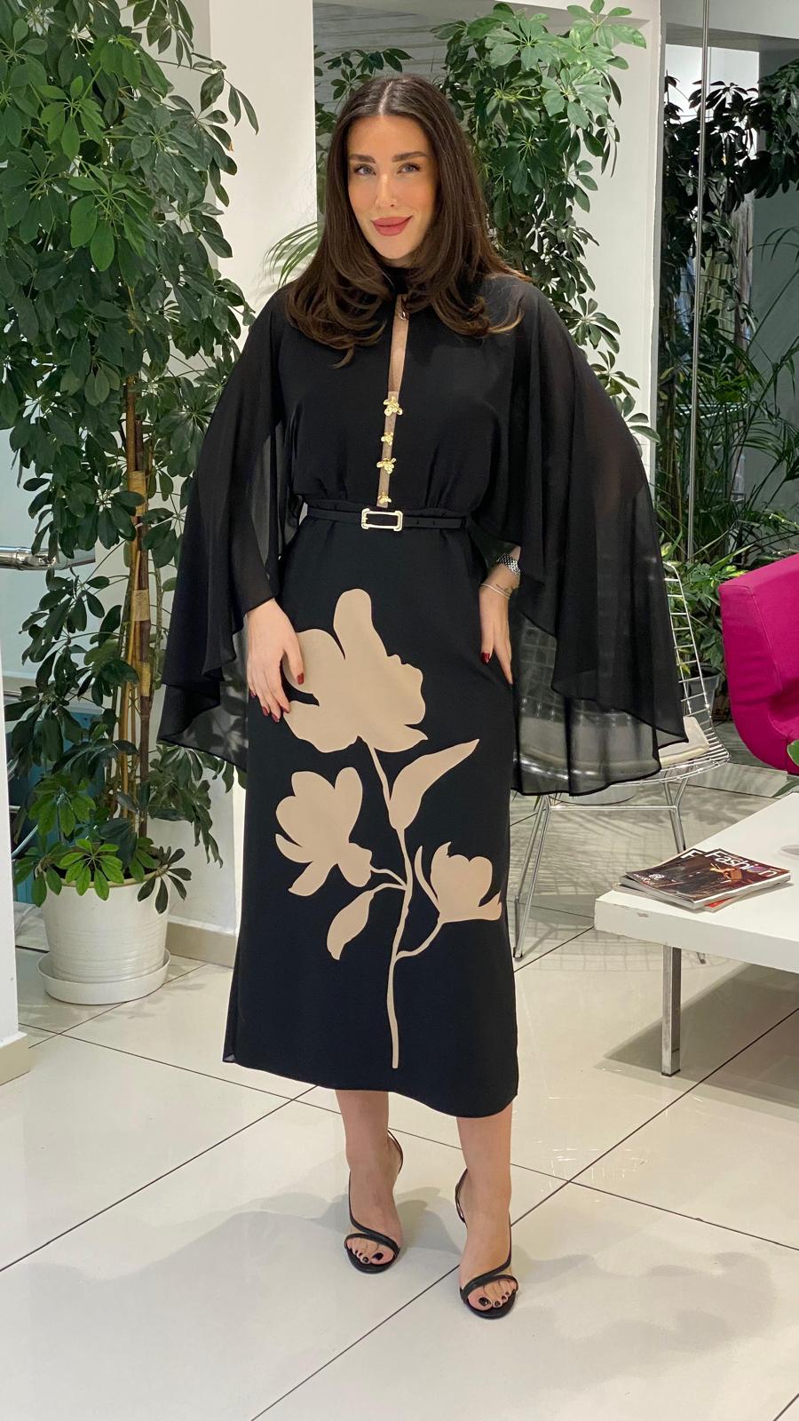 belted midi dress with sheer cape sleeves and floral motif – ODD- NOCTURNE