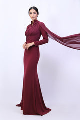 draped high-neck gown with chiffon cape sleeves – ODD- MERLOT