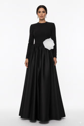 long-sleeve satin gown with oversized flower accent – ODD- MIREN