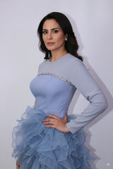 long-sleeve gown with crystal trim and tiered ruffle skirt – ODD- AZEIRA