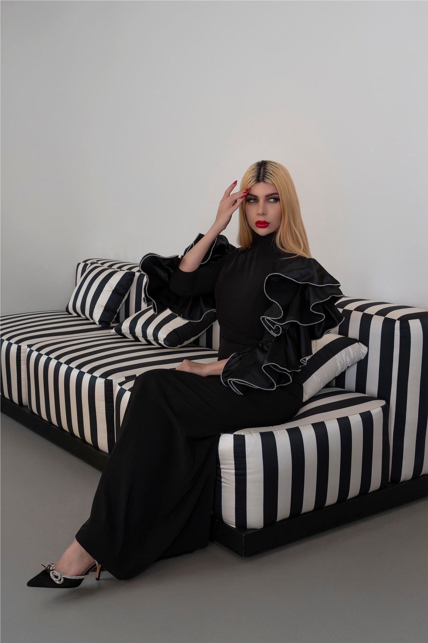 High-Neck Column Dress with Ruffled Statement Sleeves -ODD-ONYX