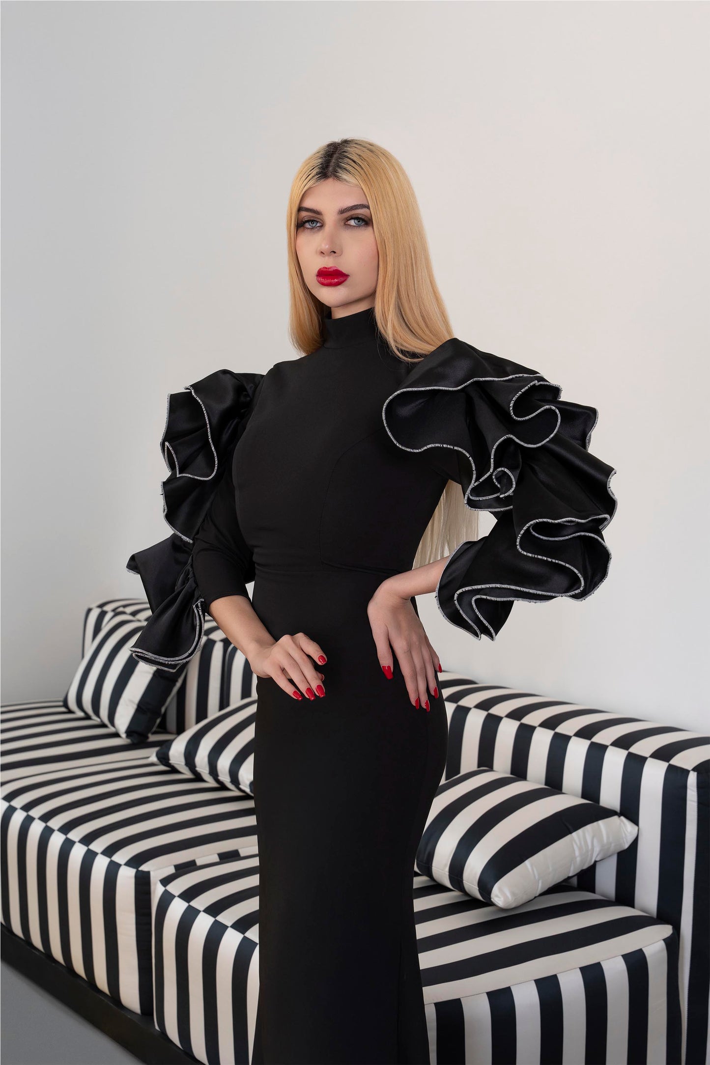 High-Neck Column Dress with Ruffled Statement Sleeves -ODD-ONYX