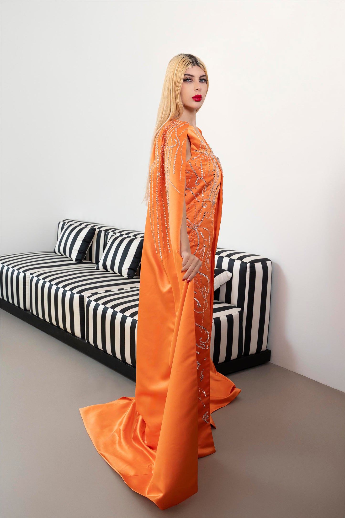 Sleeveless Embellished Jumpsuit with Satin Cape - ODD-SUNSET