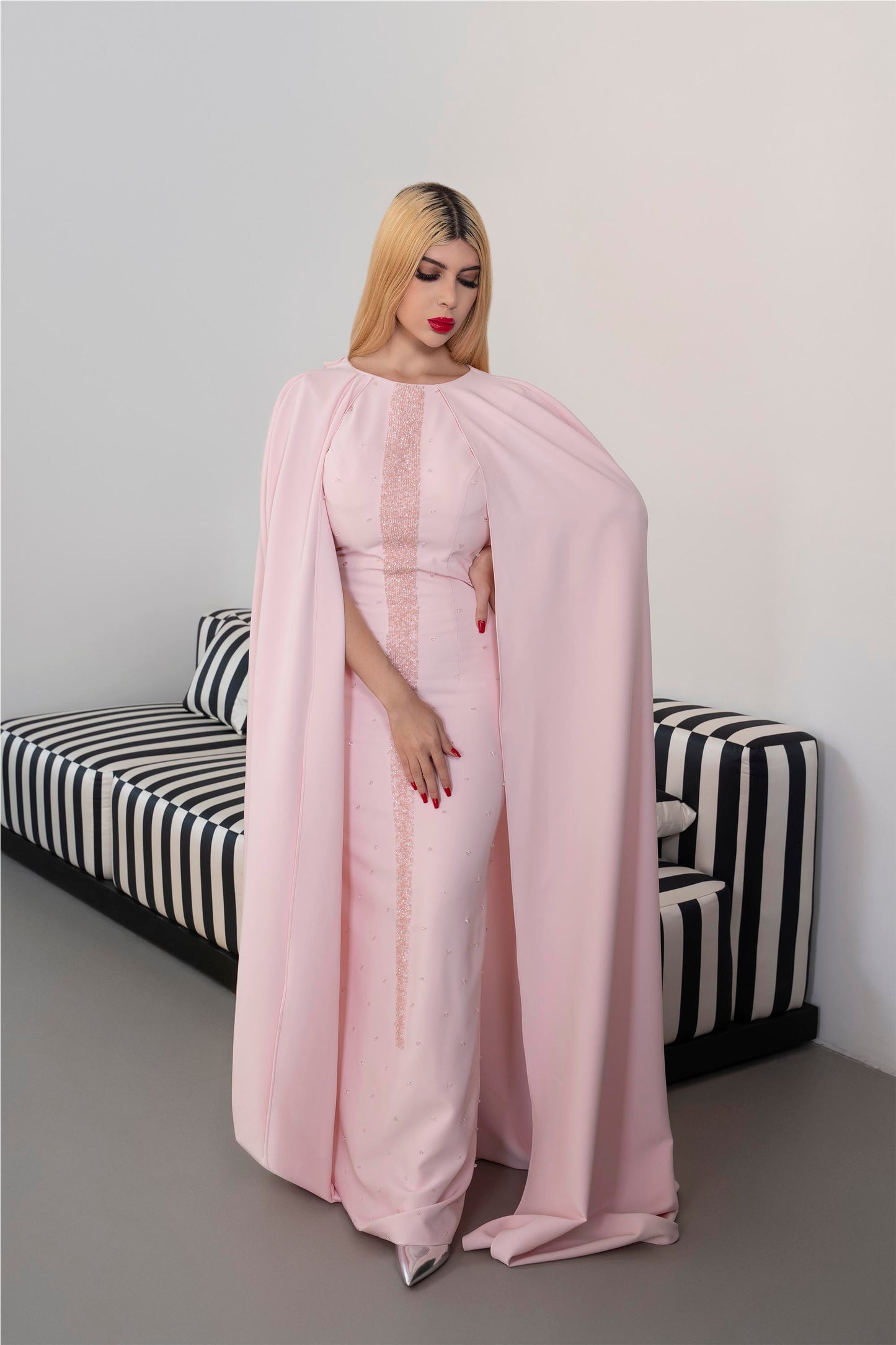 Long-Sleeve Column Dress with Embellished Front and Cape - ODD-BLUSH