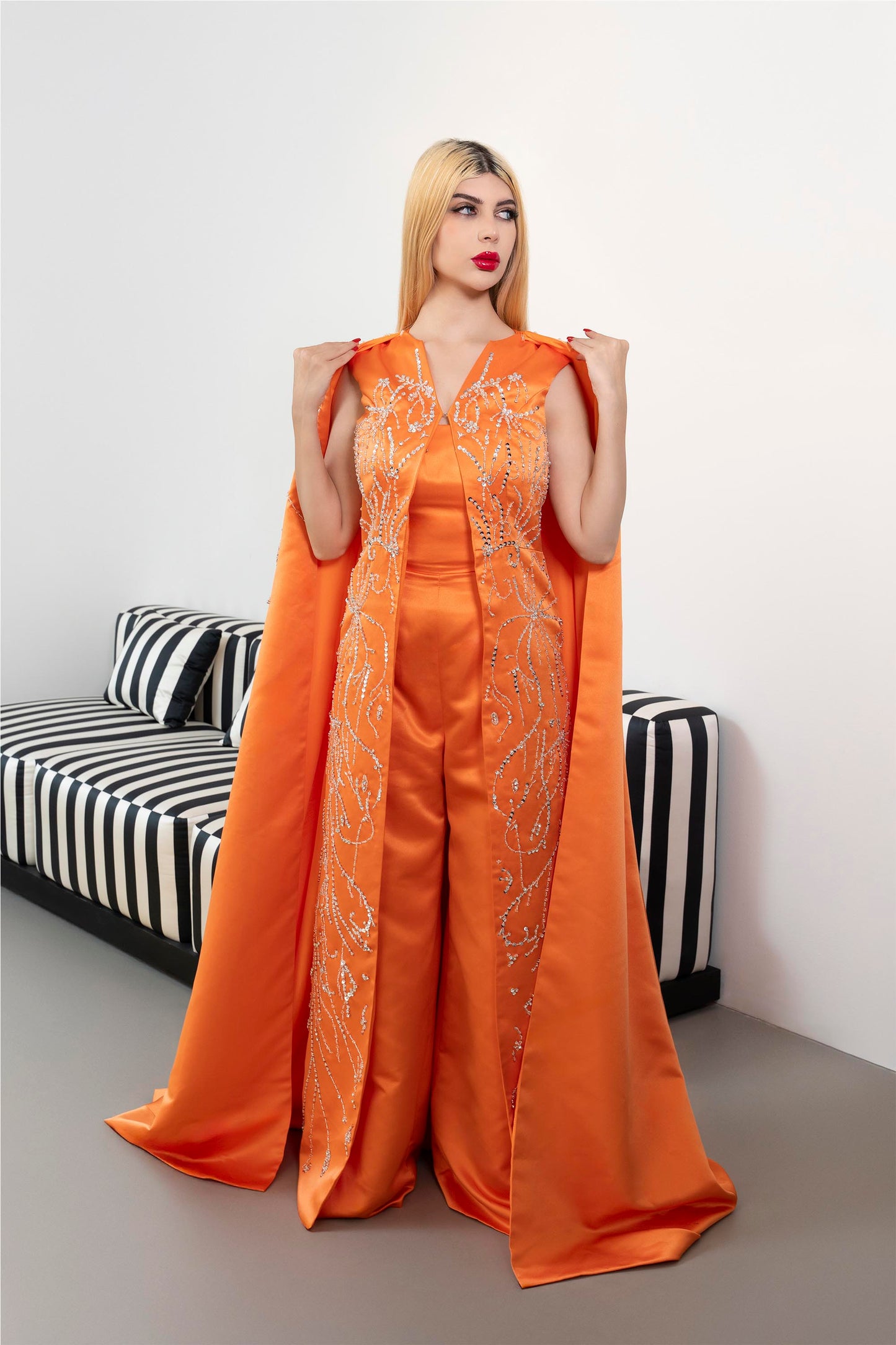 Sleeveless Embellished Jumpsuit with Satin Cape - ODD-SUNSET