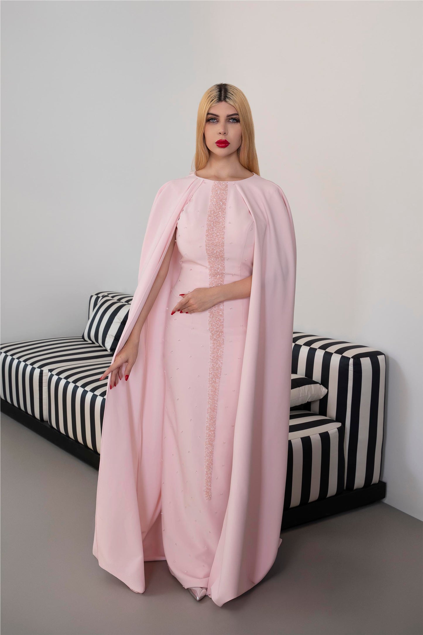 Long-Sleeve Column Dress with Embellished Front and Cape - ODD-BLUSH
