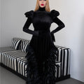 Long sleeve velvet dress with puffed shoulders and fathered skirt -ODD- ISLA