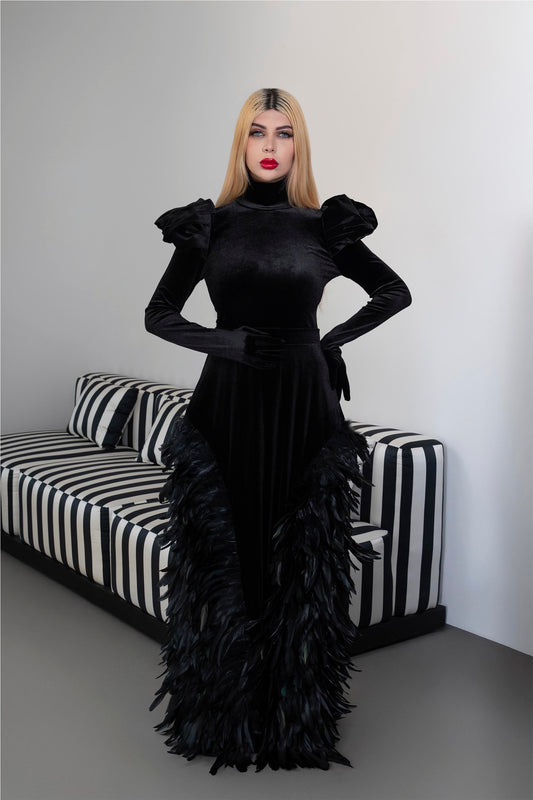 Long sleeve velvet dress with puffed shoulders and fathered skirt -ODD- ISLA