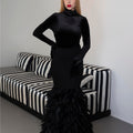 Long sleeve dress with velvet top and feathered fishtail train -ODD- NYLA