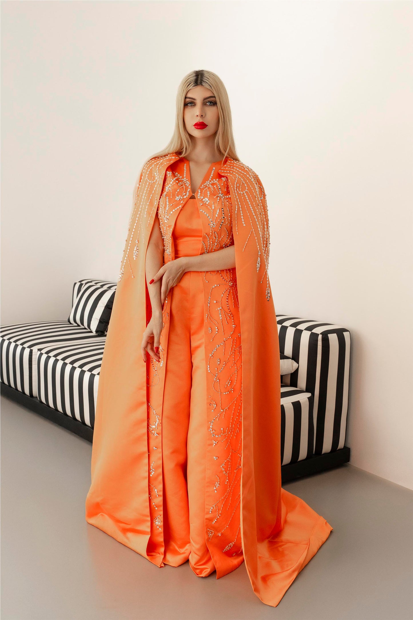 Sleeveless Embellished Jumpsuit with Satin Cape - ODD-SUNSET