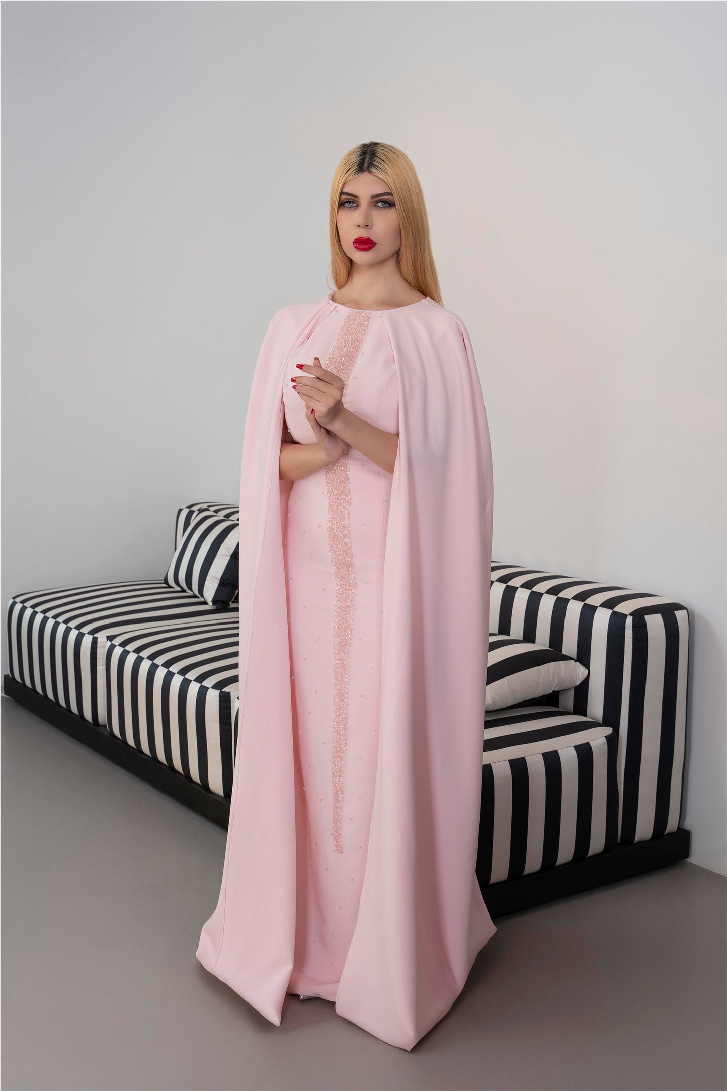 Long-Sleeve Column Dress with Embellished Front and Cape - ODD-BLUSH