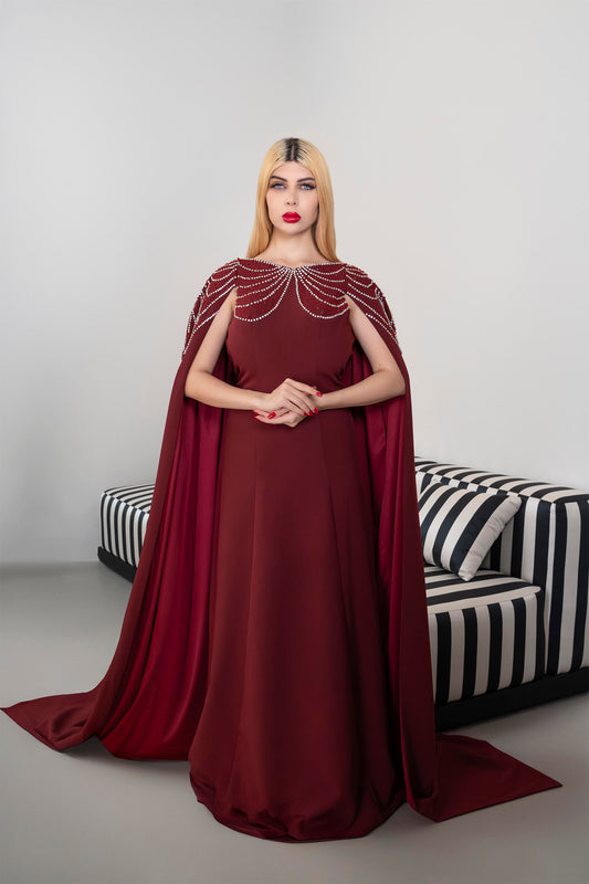 Sleeveless A-Line Gown with Pearl-Embellished Cape -ODD- RUBY