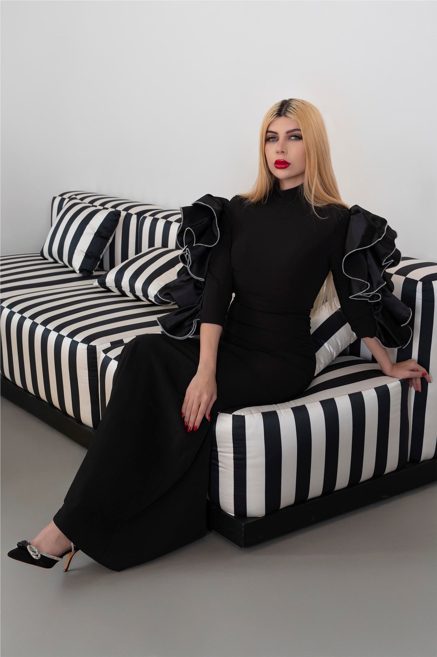 High-Neck Column Dress with Ruffled Statement Sleeves -ODD-ONYX