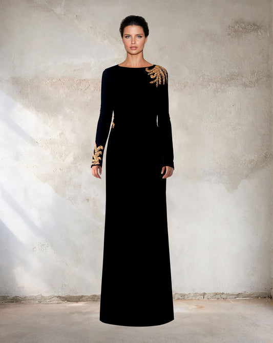 Long sleeve black velvet column dress with back neckline - odd-Shevalini