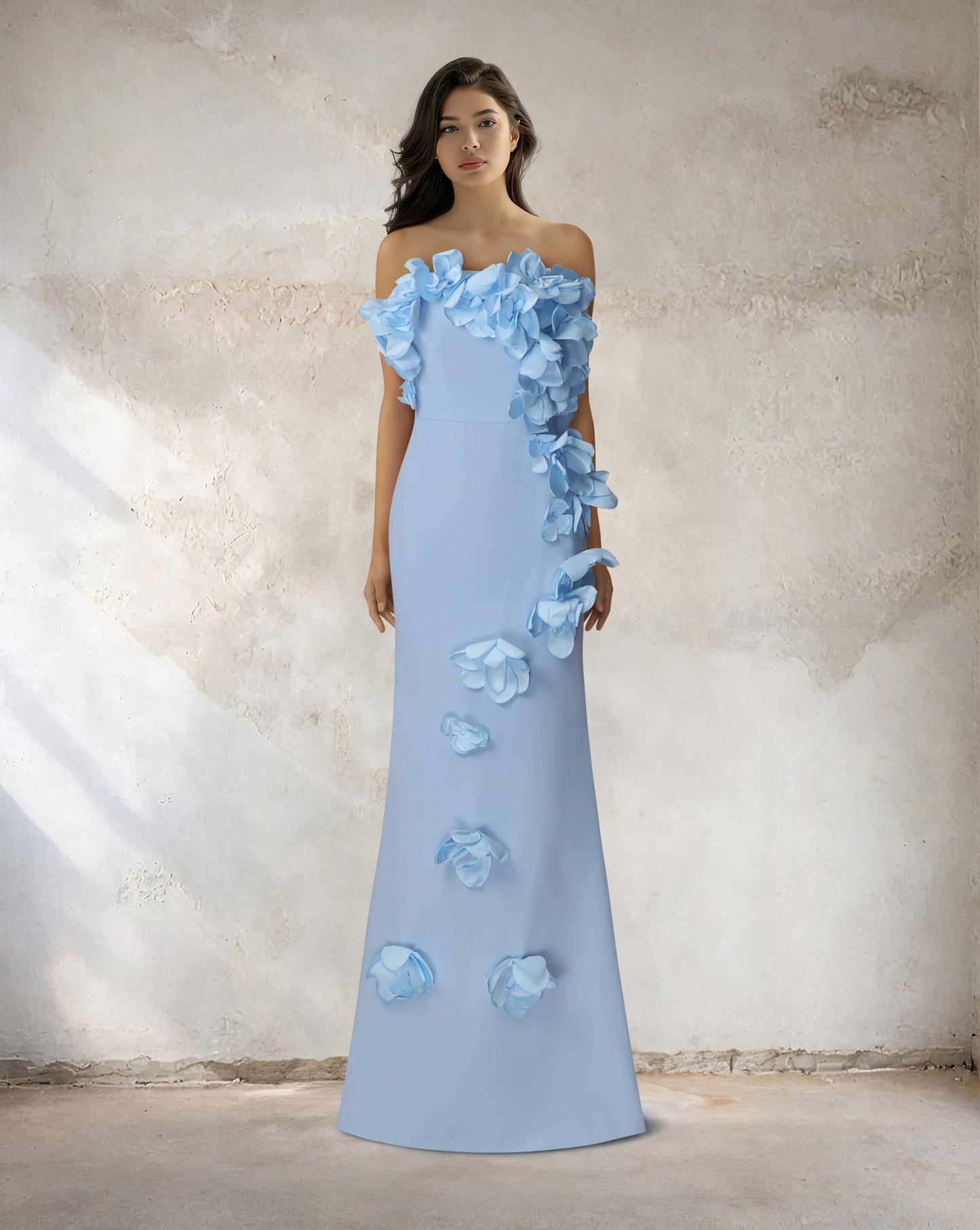 Strapless sky blue dress with 3d flowers -ODD-Zhavia