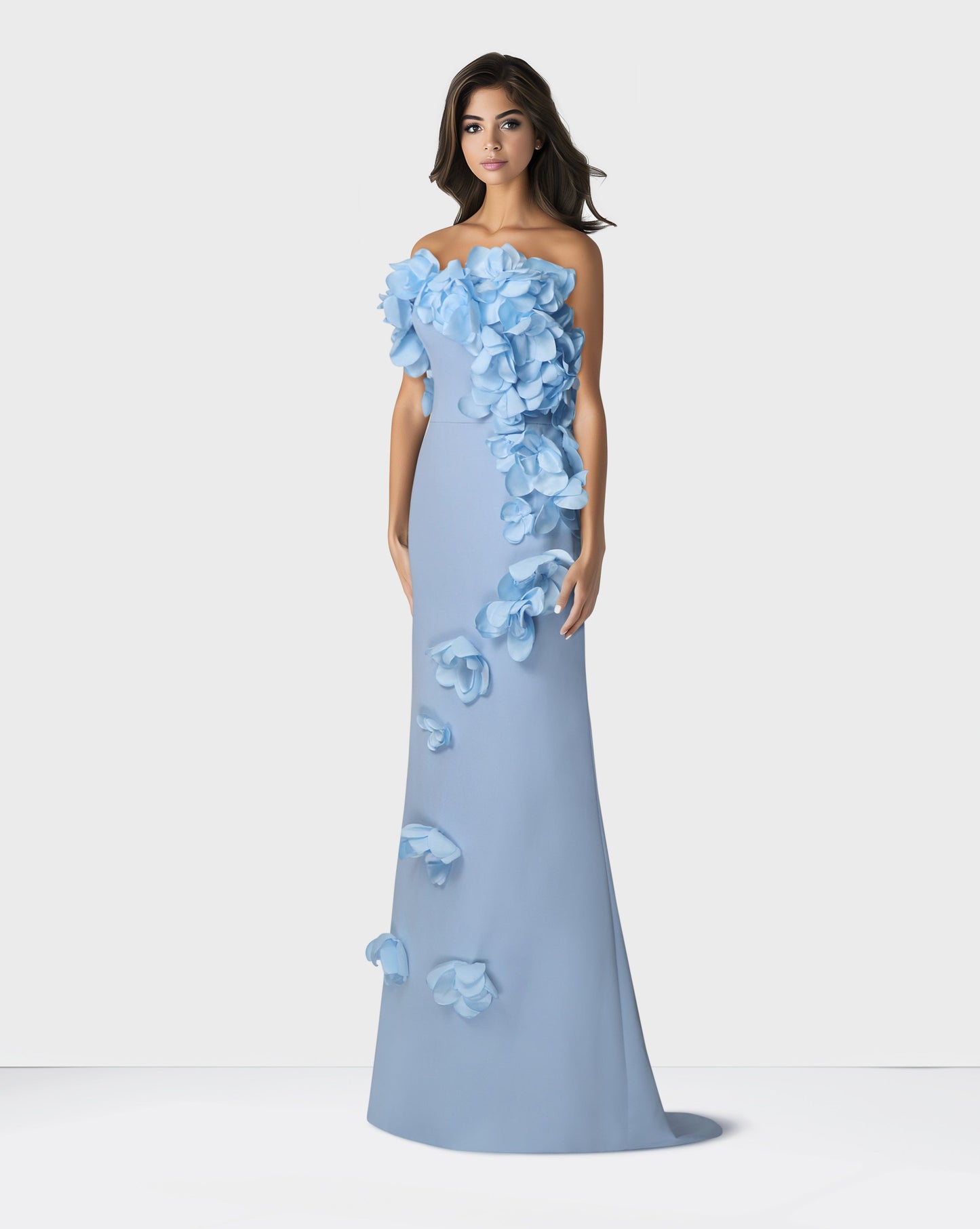 Strapless sky blue dress with 3d flowers -ODD-Zhavia