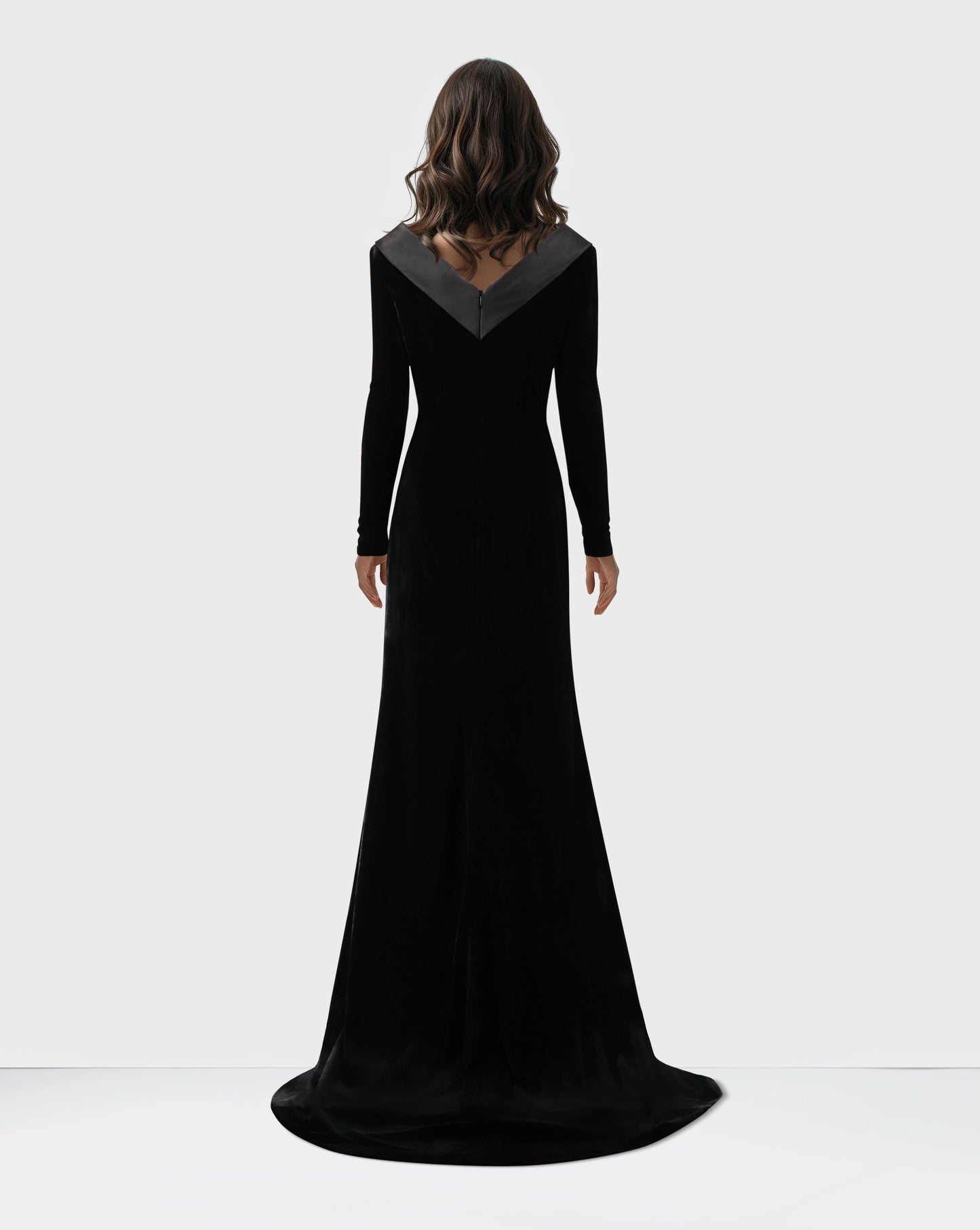 Long sleeve black velvet dress with a train -ODD-Deniya