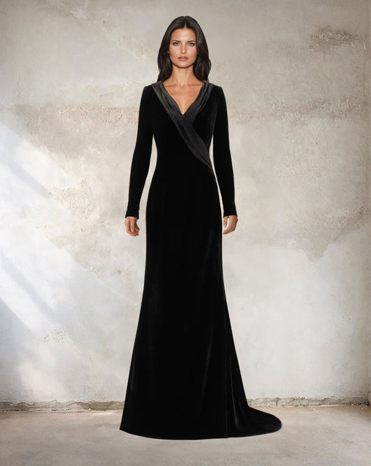 Long sleeve black velvet dress with a train -ODD-Deniya