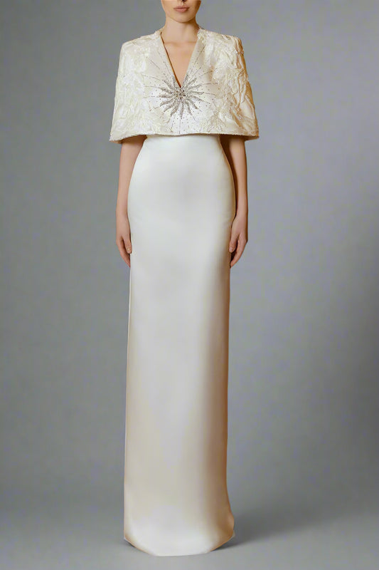 Sleeveless column dress with embellished cropped cape -ODD- NOVA