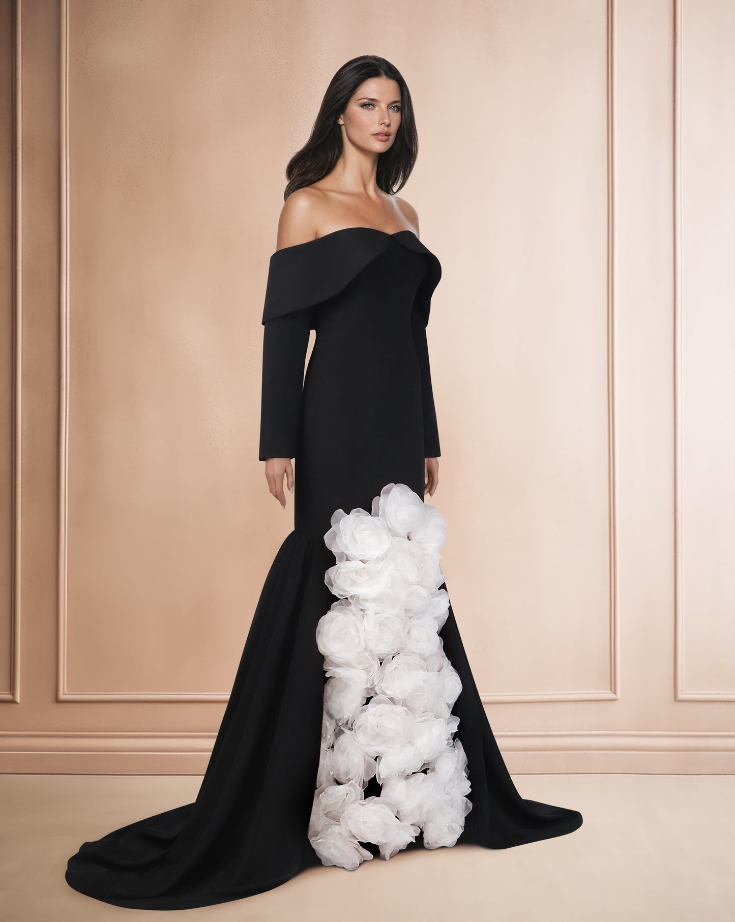 ODD-Strapless black dress with 3D flowers and a train