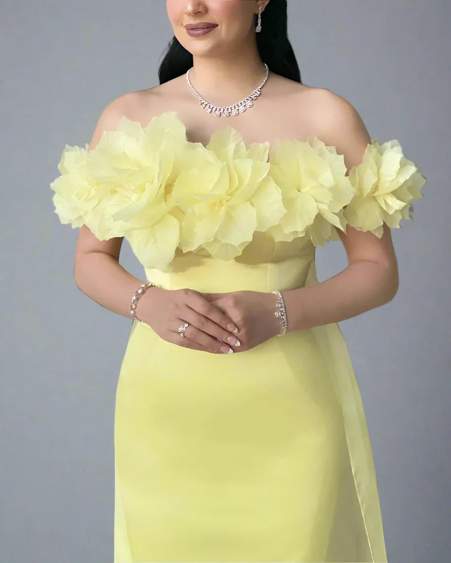 Off-shoulder column dress with floral neckline and chiffon train – ODD- LEMONIA