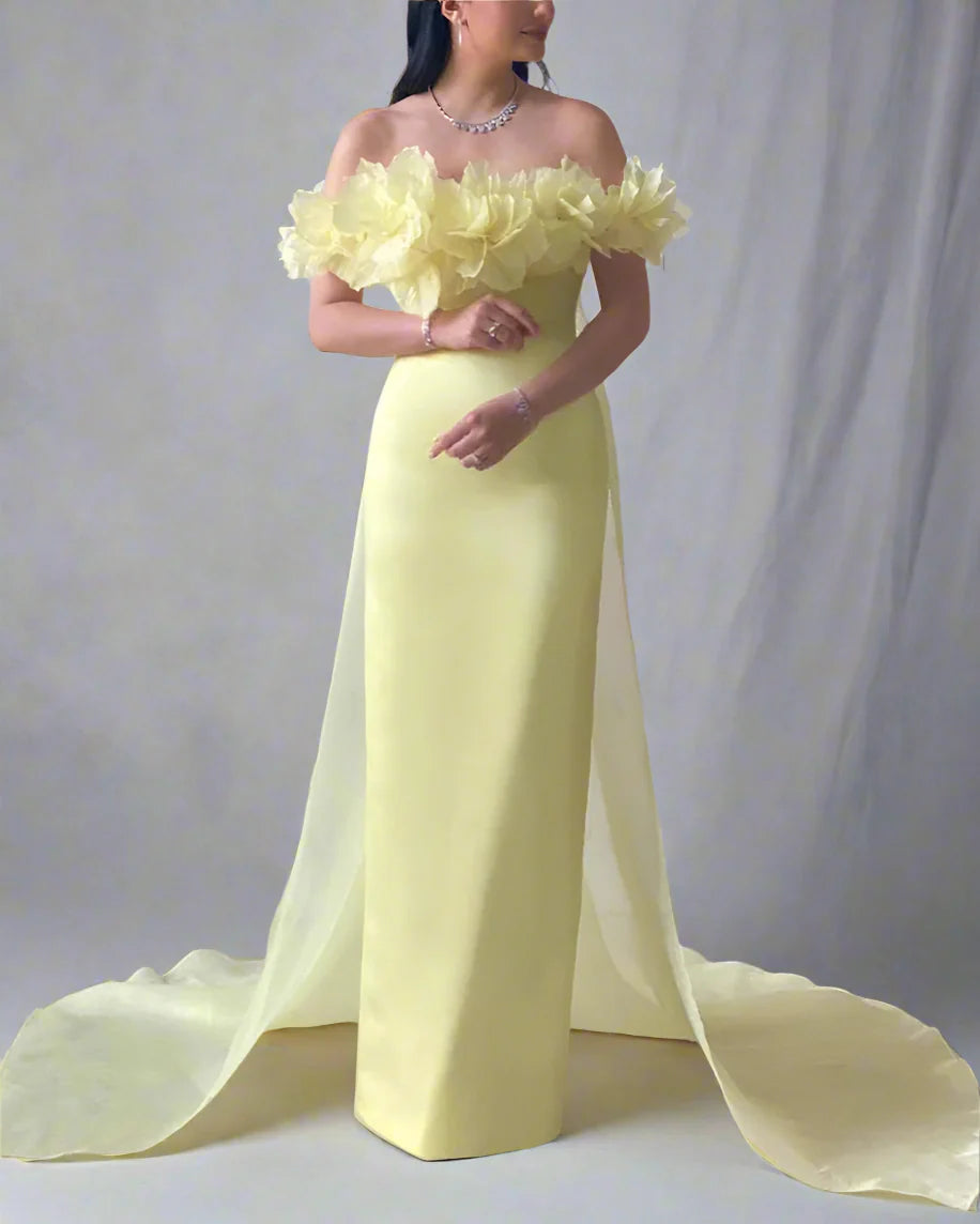 Off-shoulder column dress with floral neckline and chiffon train – ODD- LEMONIA