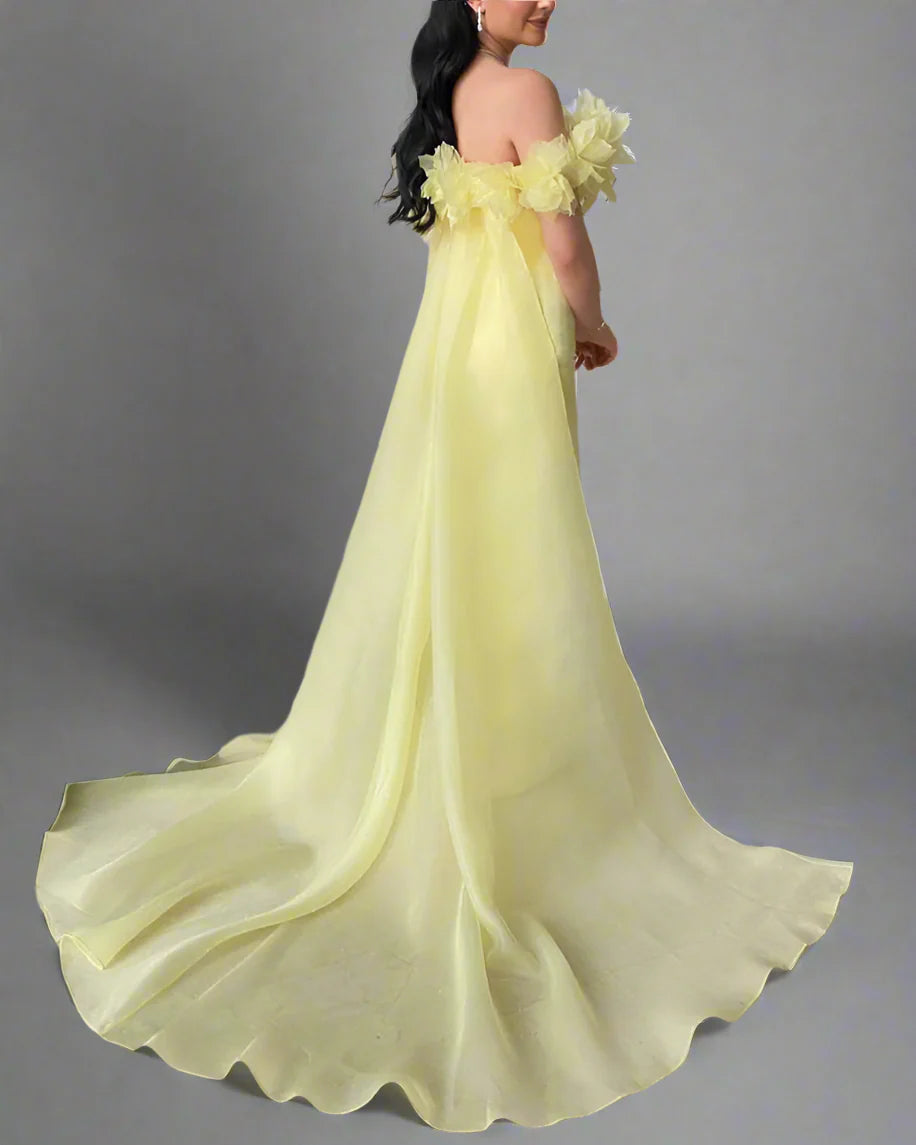 Off-shoulder column dress with floral neckline and chiffon train – ODD- LEMONIA