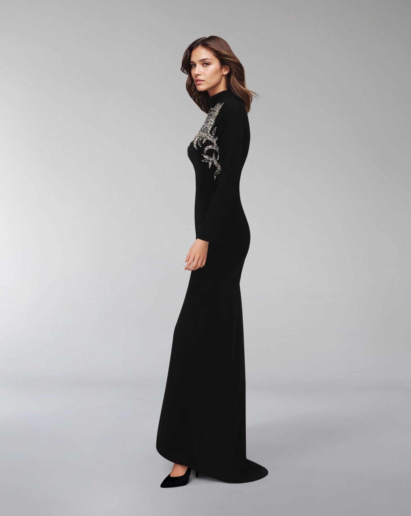 ODD-High neck - long sleeve dress with beaded chest-Sadem