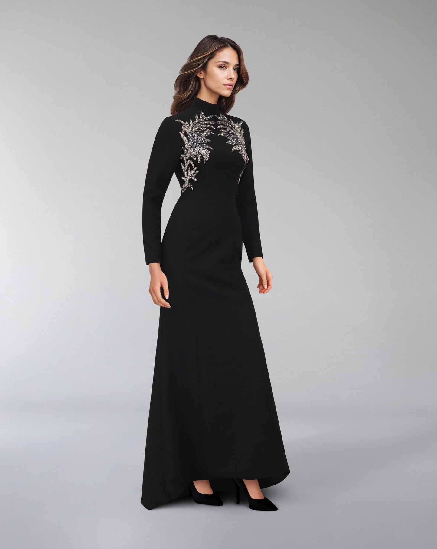 ODD-High neck - long sleeve dress with beaded chest-Sadem