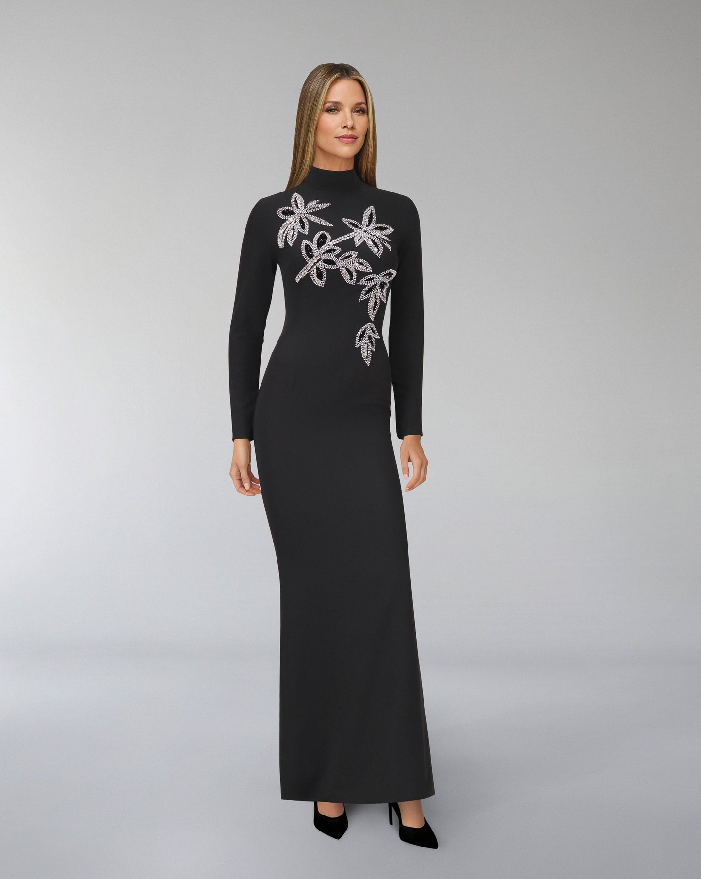 ODD-Long sleeve column dress with beaded flowers