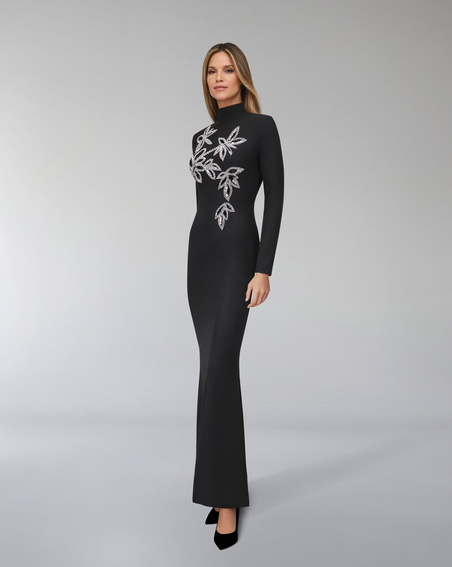 ODD-Long sleeve column dress with beaded flowers