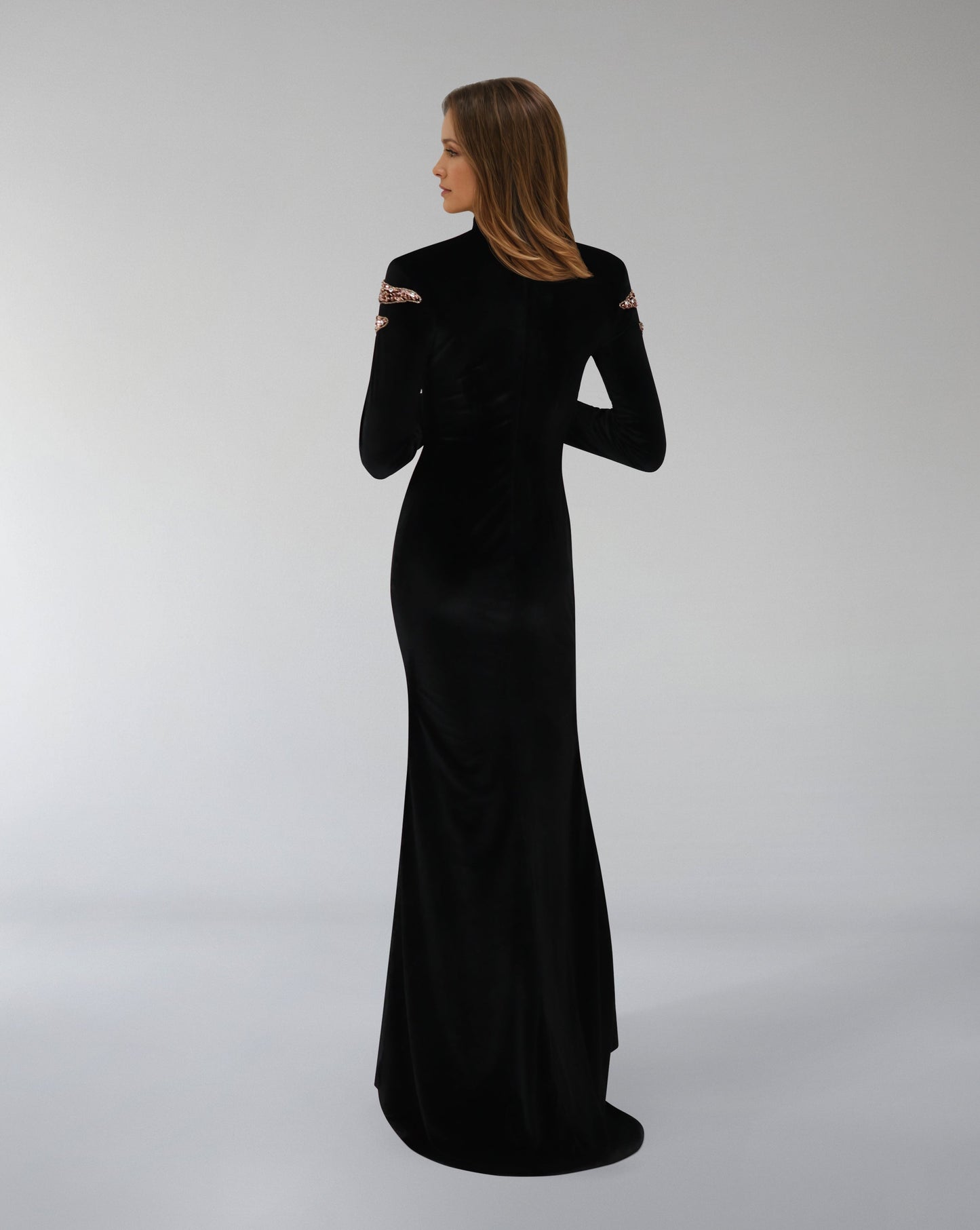 ODD-Long-sleeve velvet dress with beaded shoulders